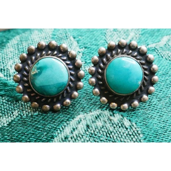 Antique Sterling Silver & Turquoise Pierced Earrings with Threaded Screw Backs - Picture 1 of 9